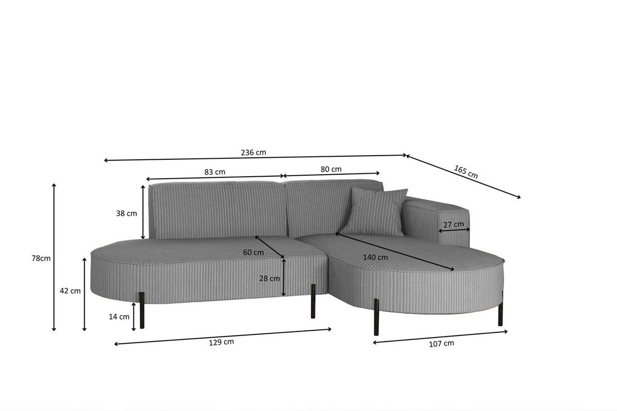 ECKSOFA L-Form Designer Modena Rein stoff Cord Silber Rechts - Silberfarben, Holzwerkstoff (236/165cm) - Kaiser Möbel