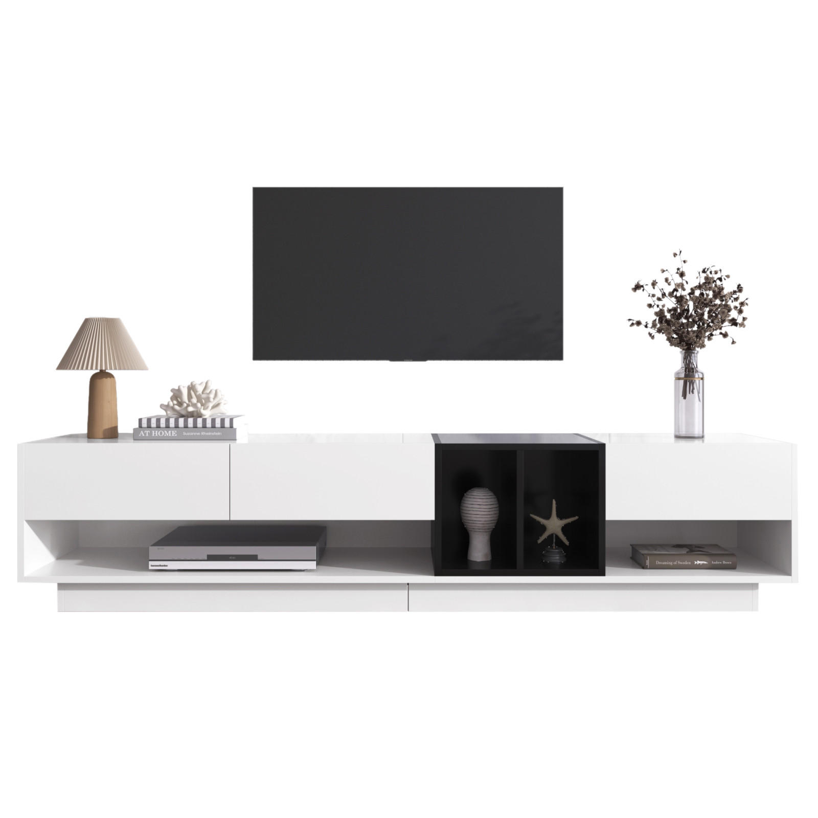 TV Lowboard 190x40x34 cm, 3 Schubladen, offenes Fach, Weiß - Weiß, Glas (190/34/40cm)