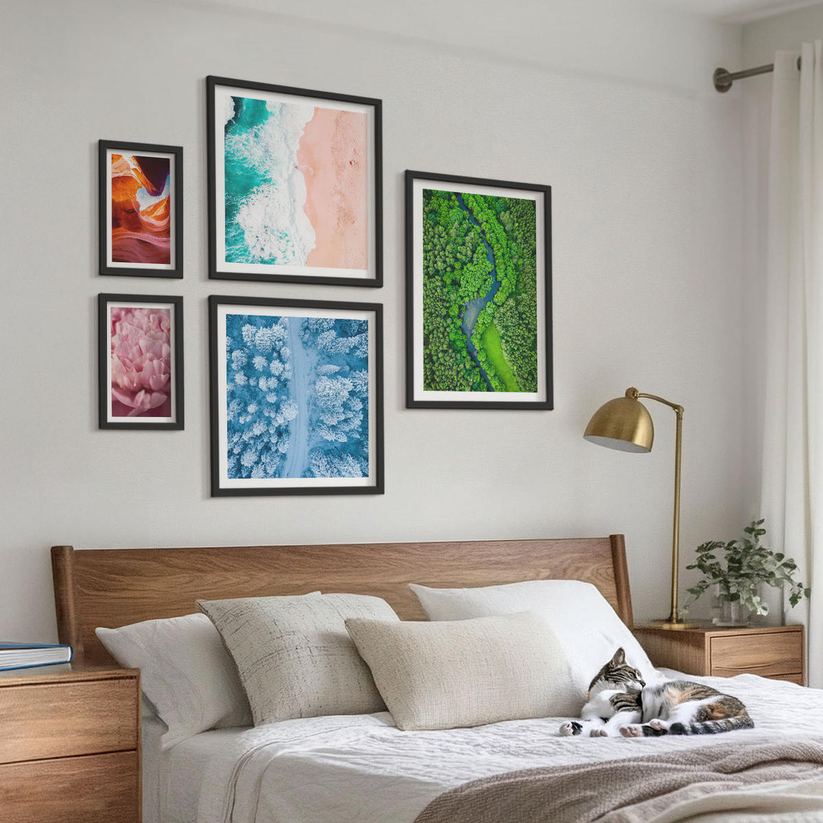 BILDER SET 5er Set - 50x50 cm & 20x30 cm & 40x60 cm Schwarzer Rahmen - Pferde, Bewegung, Strand, Leuchtturm, Berge - Schwarz, Kunststoff (40/60cm) - TULUP