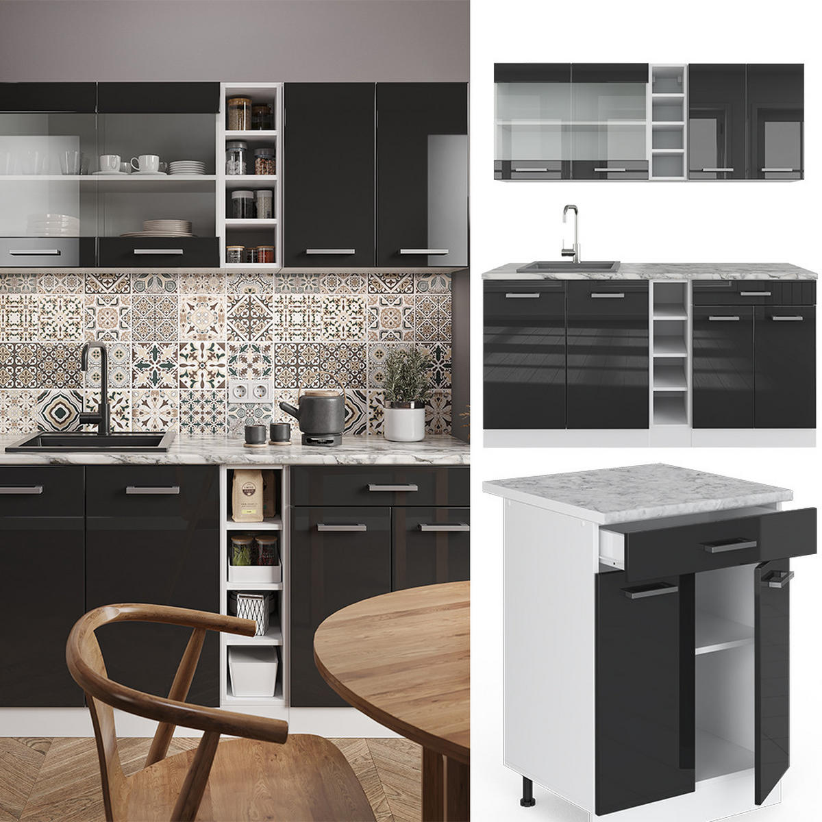 SINGLEKÜCHE R-Line Anthrazit Hochglanz/Weiß 160 cm, AP Anthrazit - Anthrazit/Weiß, Holzwerkstoff (160/81.6/60cm) - Vicco