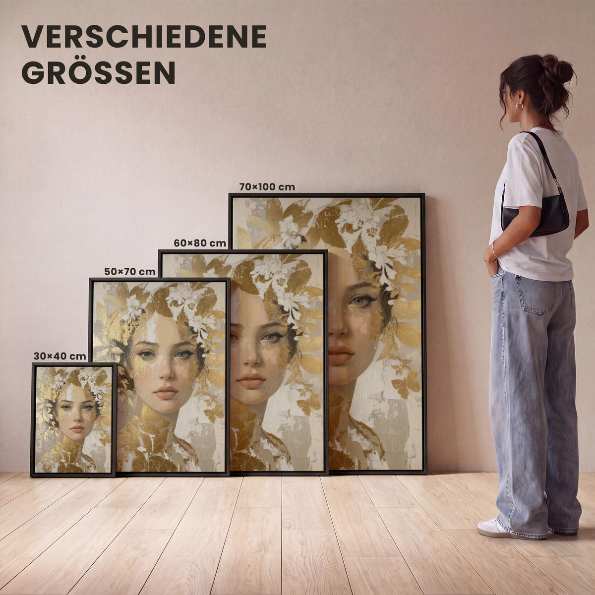 LEINWAND Bilder mit Rahmen - Gesicht - Frau - Blätter - Gold - 50x70 - Beige, Textil (50/70cm) - MuchoWow