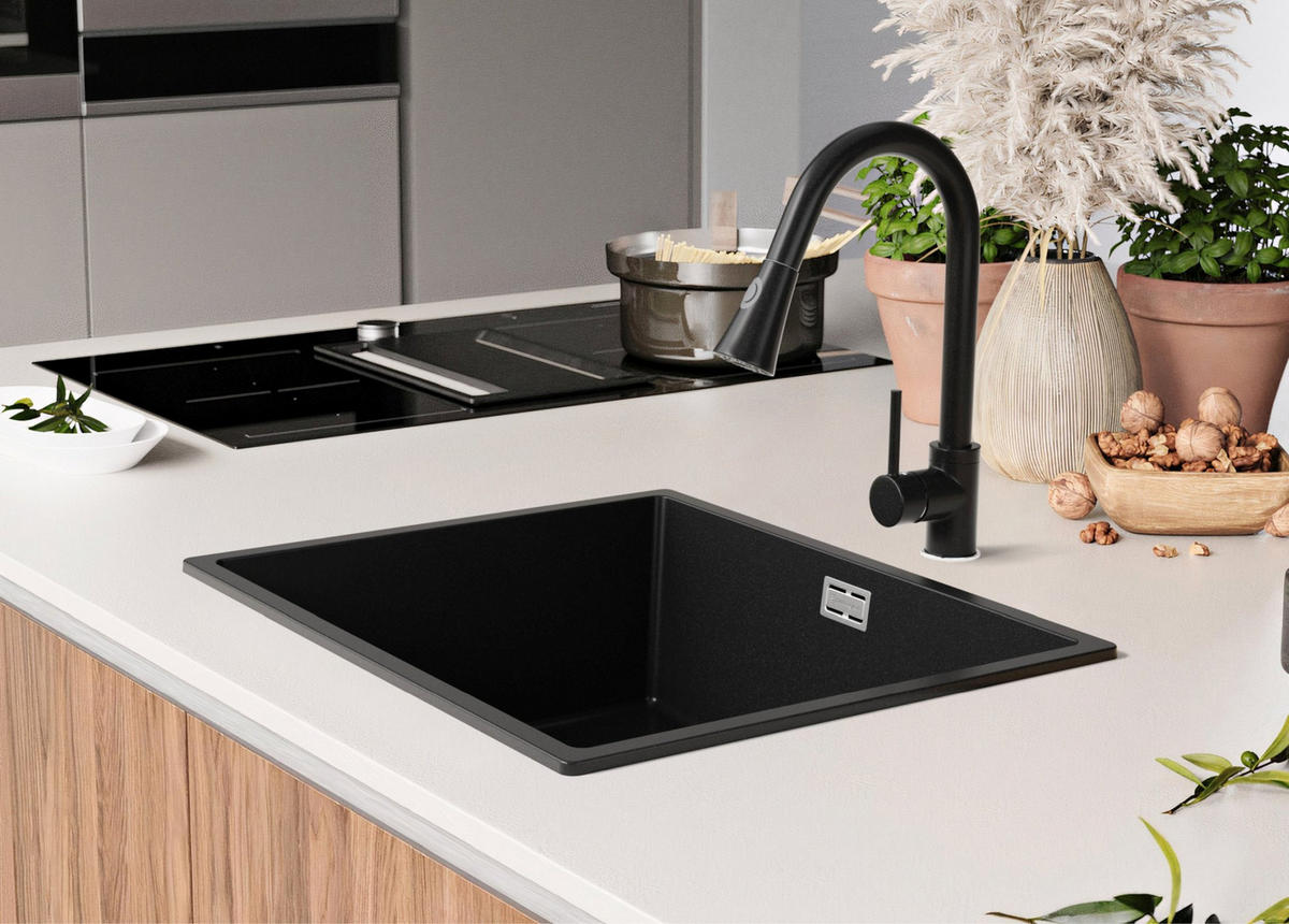 SPÜLBECKEN London Slim, 2-er set Schwarz 56/47 cm 1 Becken + Ablauf-Set ab 60er Unterschrank - Chromfarben/Schwarz, Kunststoff (56/20/47cm) - Primagran