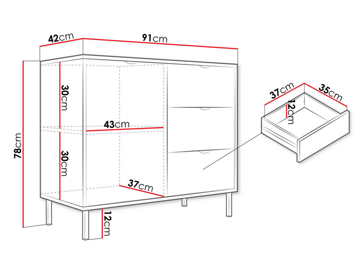 KOMMODE Werkoz 1D3S - Goldfarben/Weiß, Holzwerkstoff/Metall (91/78/42cm) - MIRJAN24