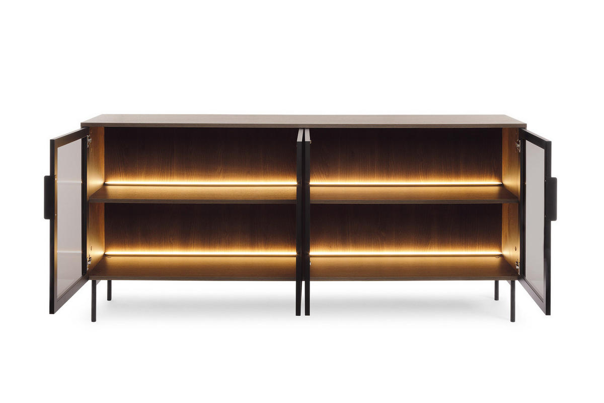 SIDEBOARD LUMI 181 cm Eiche Dunin - mit 4 Glastüren (Braunglas) und LED - Eichefarben/Schwarz, Holz/Holzwerkstoff (181/83/39cm) - Ravio