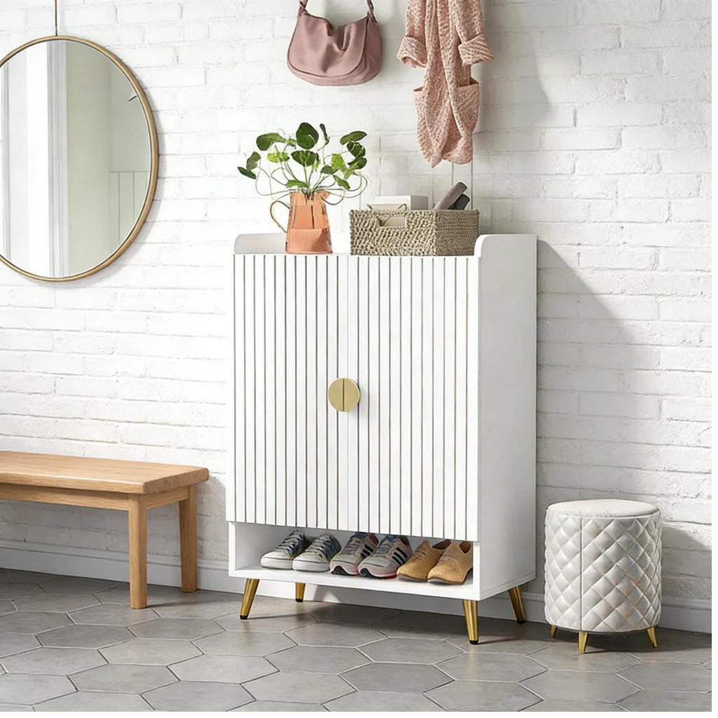 Thumbnail - Quality Elegance Schuhschrank, Weiß, Gold, Holzwerkstoff, Metall, Rechteckig, 73x110x37 cm, Garderobe, Schuhaufbewahrung...