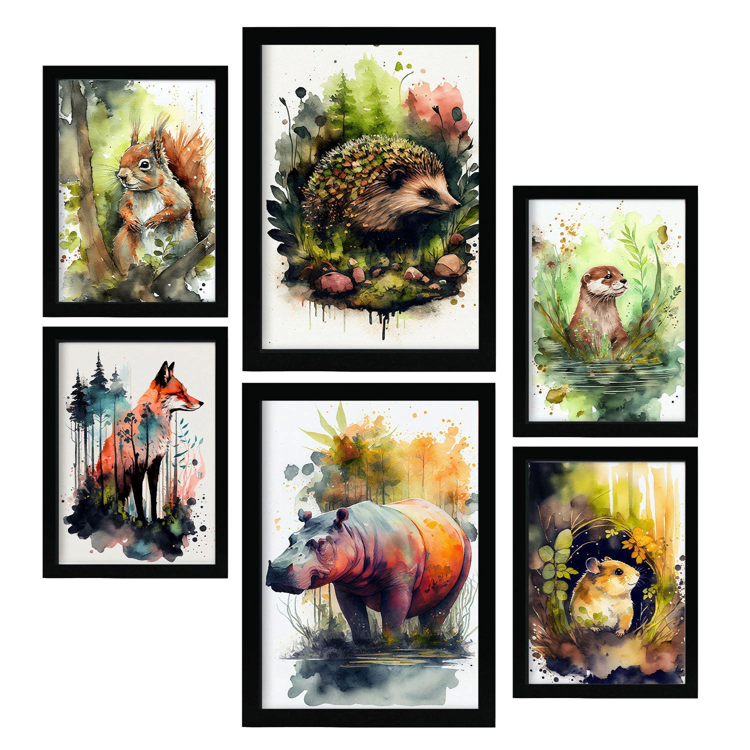 POSTER Set Mit 6 Lebewesen Illustrationen Von Tieren In Naturlandschaften, Realistischer Aquarellstil Innenarchitektur A3 & A4 Schwarzer Rahmen - Schwarz, Papier (29/3cm) - Nacnic