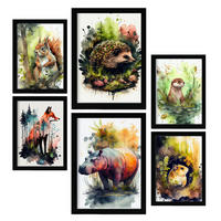 POSTER Set Mit 6 Lebewesen Illustrationen Von Tieren In Naturlandschaften, Realistischer Aquarellstil Innenarchitektur A3 & A4 Schwarzer Rahmen - Schwarz, Papier (29/3cm) - Nacnic