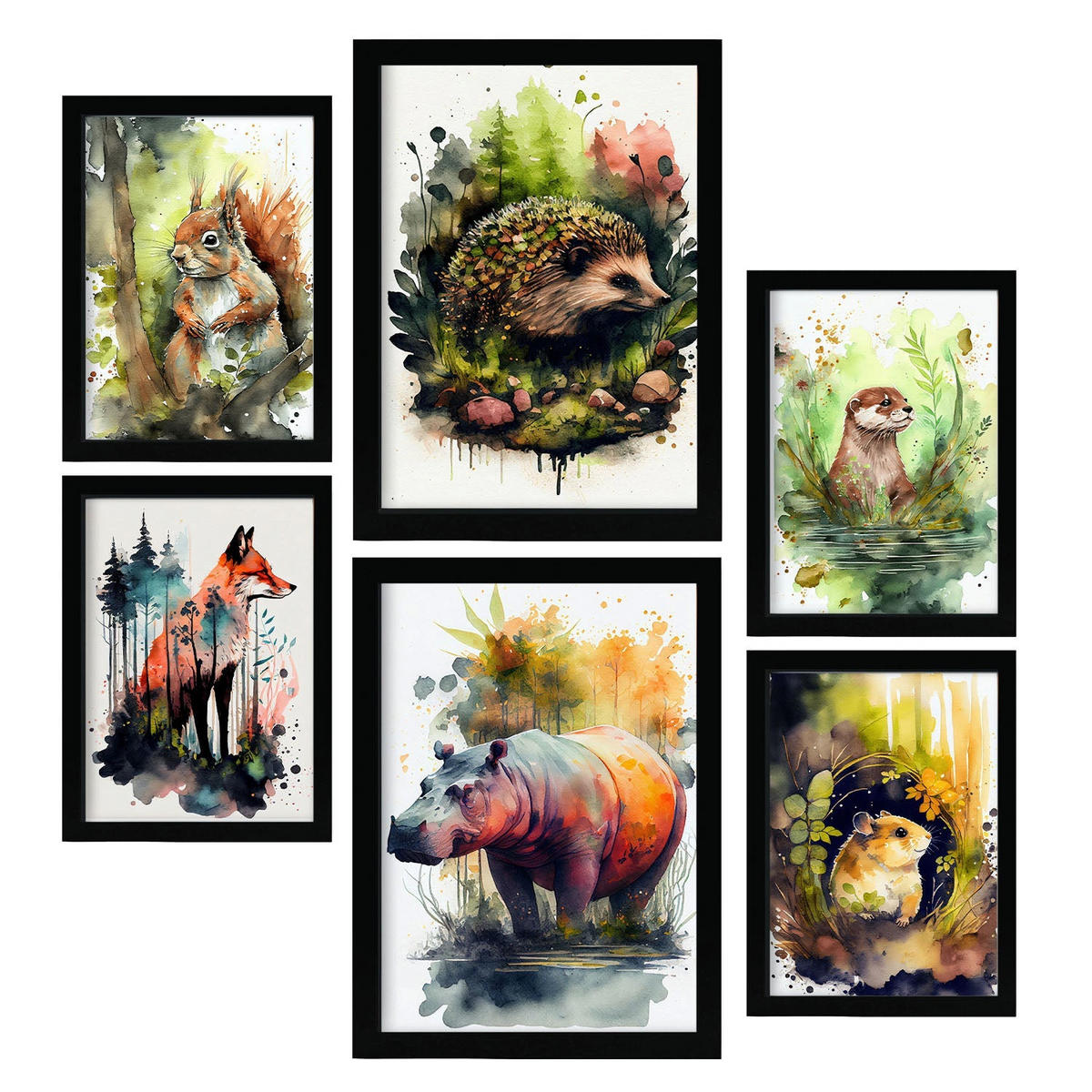 POSTER Set Mit 6 Lebewesen Illustrationen Von Tieren In Naturlandschaften, Realistischer Aquarellstil Innenarchitektur A3 & A4 Schwarzer Rahmen - Schwarz, Papier (29/3cm) - Nacnic