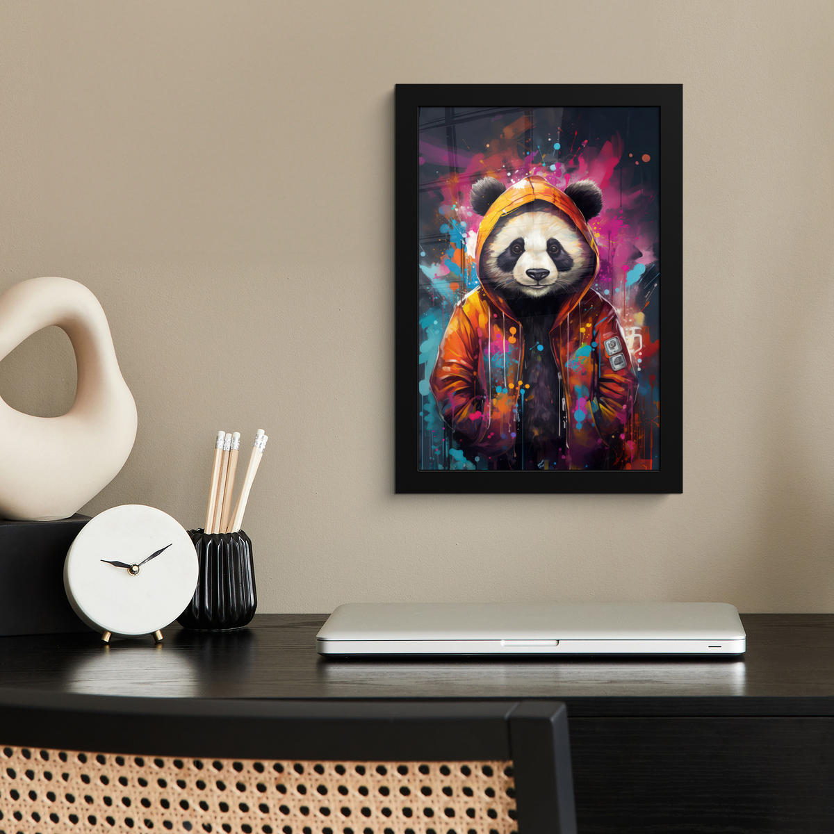 GERAHMTES BILD Panda - Jacke - Graffiti - Orange 20x30 cm - Orange, Papier (20/30cm) - MuchoWow