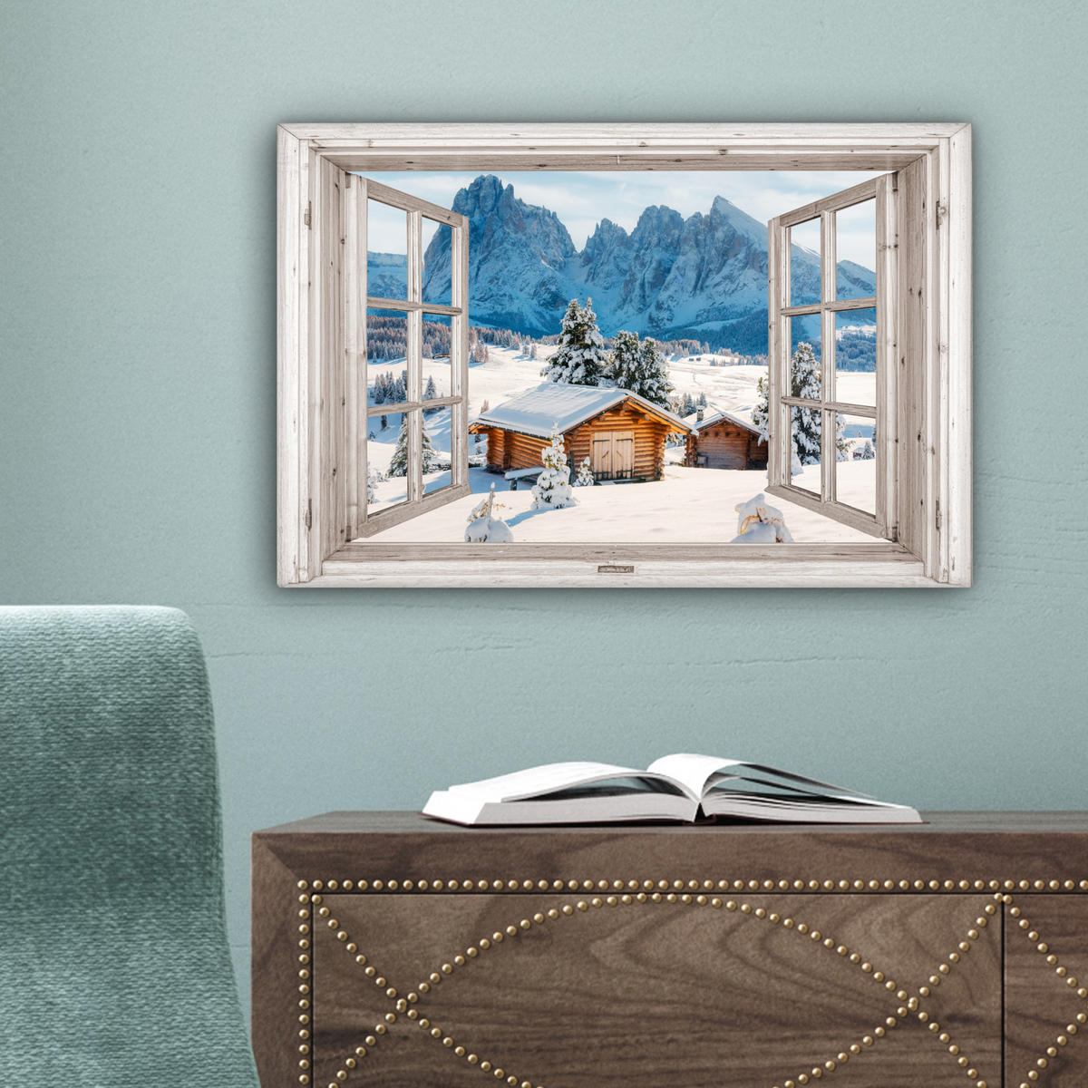 LEINWANDBILD Winterlandschaft - Hütte - Berge - Ausblicke - Aussicht - Natur Deko Schlafzimmer 30x20 cm - Weiß Hochglanz, Textil (30/20cm) - MuchoWow