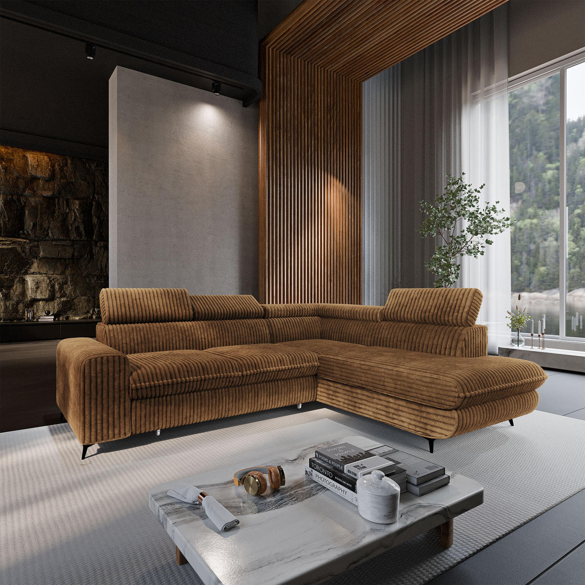 ECKSOFA VELISS Orange Kordstoff mit Schlaffunktion - Orange, Holz (255/193cm) - MASSENO