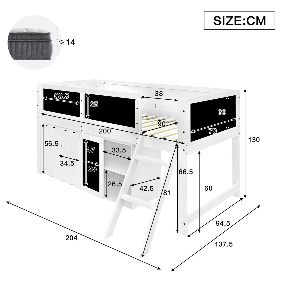 HOCHBETT 90/200 cm aus Kiefer und MDF mit Doppeltürenschrank, Kreidetafel und Schrägleiter, Weiß/Schwarz - Weiß, Holzwerkstoff (90/200cm) - Redom