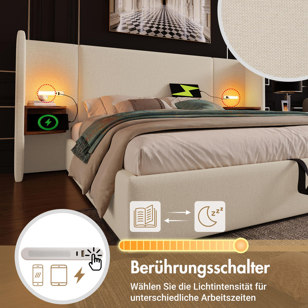BETTANLAGE 160/200 cm in Beige mit Stauraum, Leselampe und USB Type-C Leinen - Beige, Holzwerkstoff/Textil (160/200cm) - STILVORA