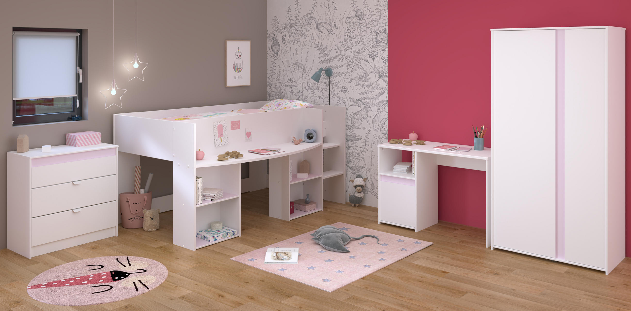JUGENDZIMMER Pirouette 11 in Weiß mit Rosa oder Kieselgrau 4 teilig mit Hochbett - Weiß, Holzwerkstoff (120/200/80cm)