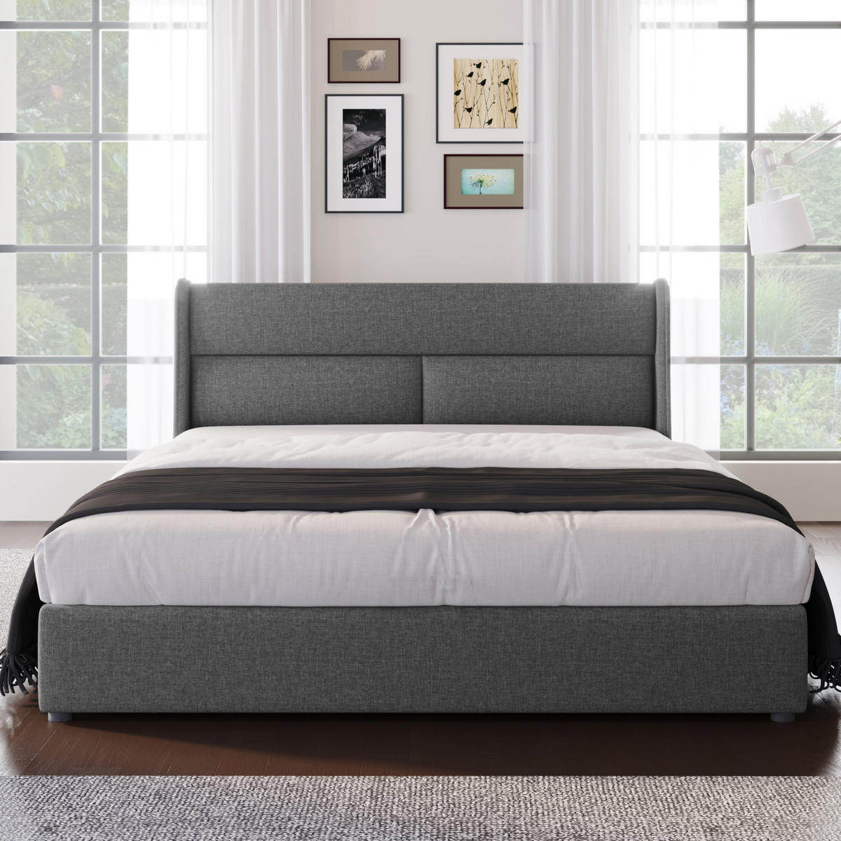 POLSTERBETT 160/200 cm Grau mit verstellbaren Kopfstützen und Stauraum - Grau, Textil (160/200cm) - OKWISH
