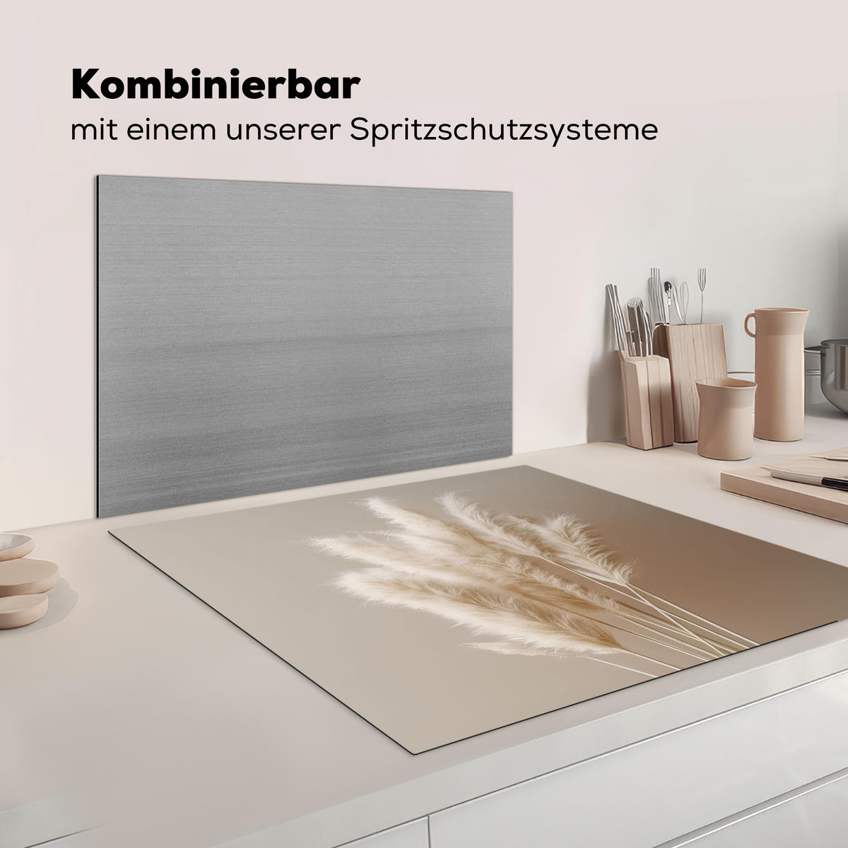 HERDABDECKPLATTE Pampasgras - Federn - Pastell - Weiß Induktionsmatte 78x78 cm - Creme, Kunststoff (78/78/0.2cm) - MuchoWow