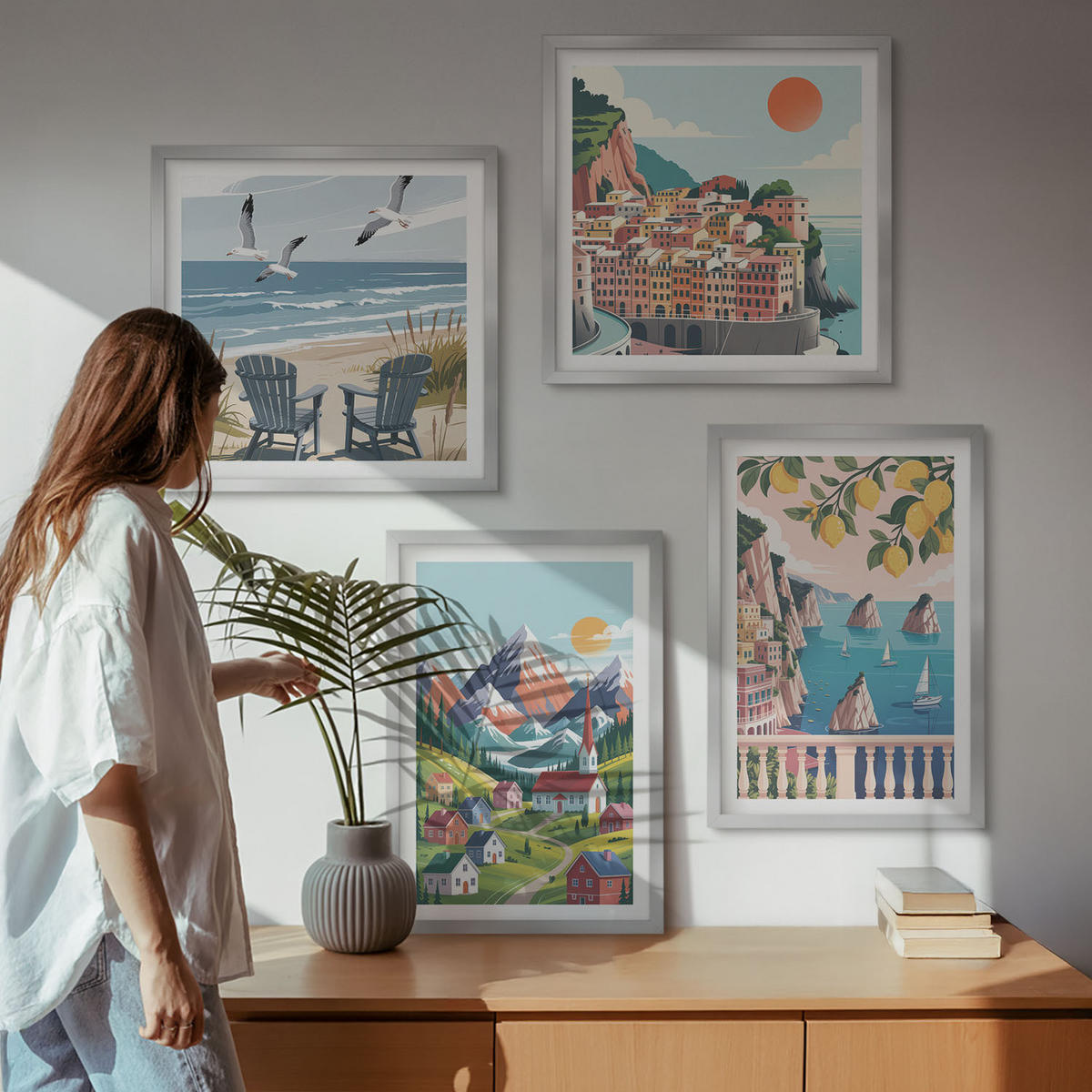 WANDBILDER 4er Set - 50x50 cm & 40x60 cm Silberner Rahmen - Farbenfrohe Berge und Küstenstädte - Silberfarben, Kunststoff (50/50cm) - ArtPrintCave