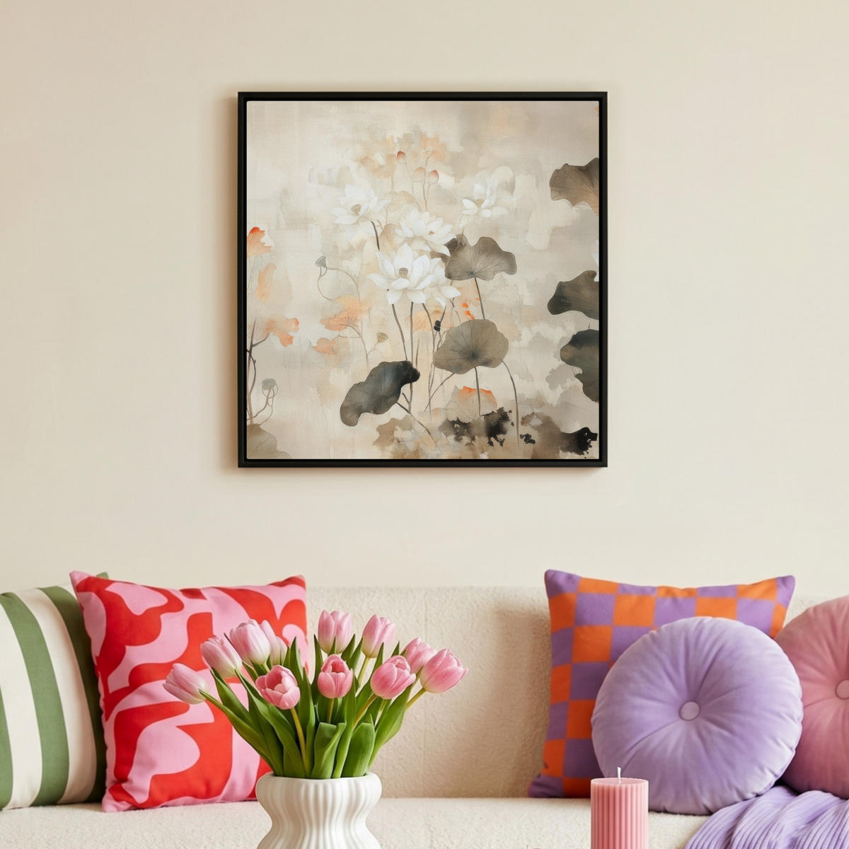 LEINWAND Bilder mit Rahmen - Blumen - Japandi - Wabi sabi - 50x50 - Sandfarben, Textil (50/50cm) - MuchoWow