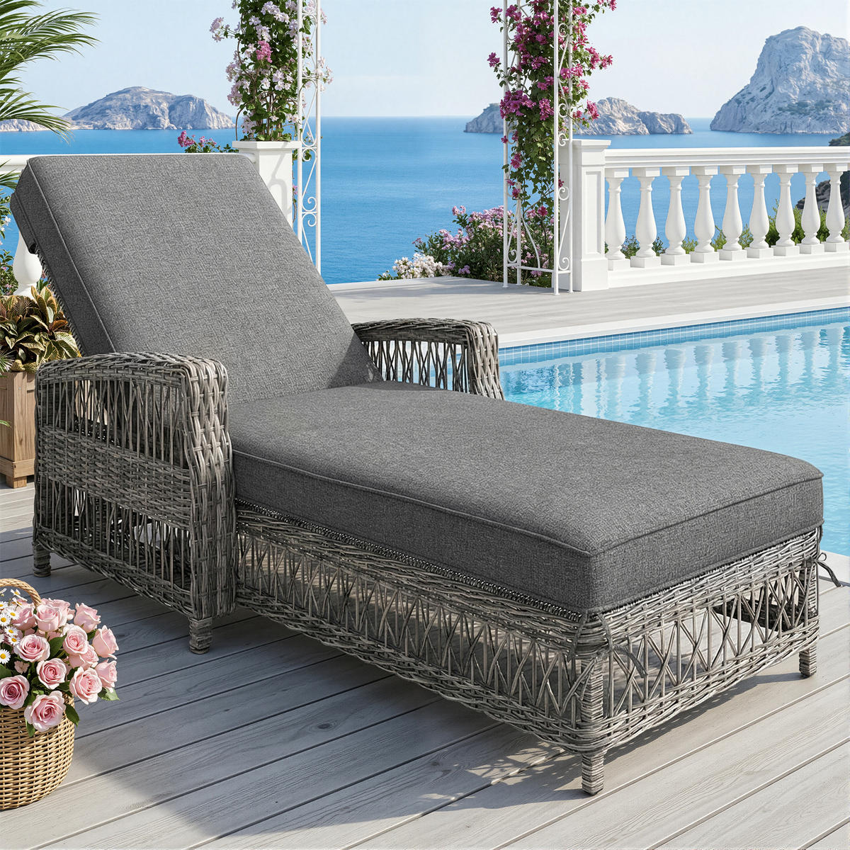 SONNENLIEGE Rattan Grau verstellbar Kissen wetterfest 1 Set - Grau, Metall (70/58/192cm) - FLIEKS