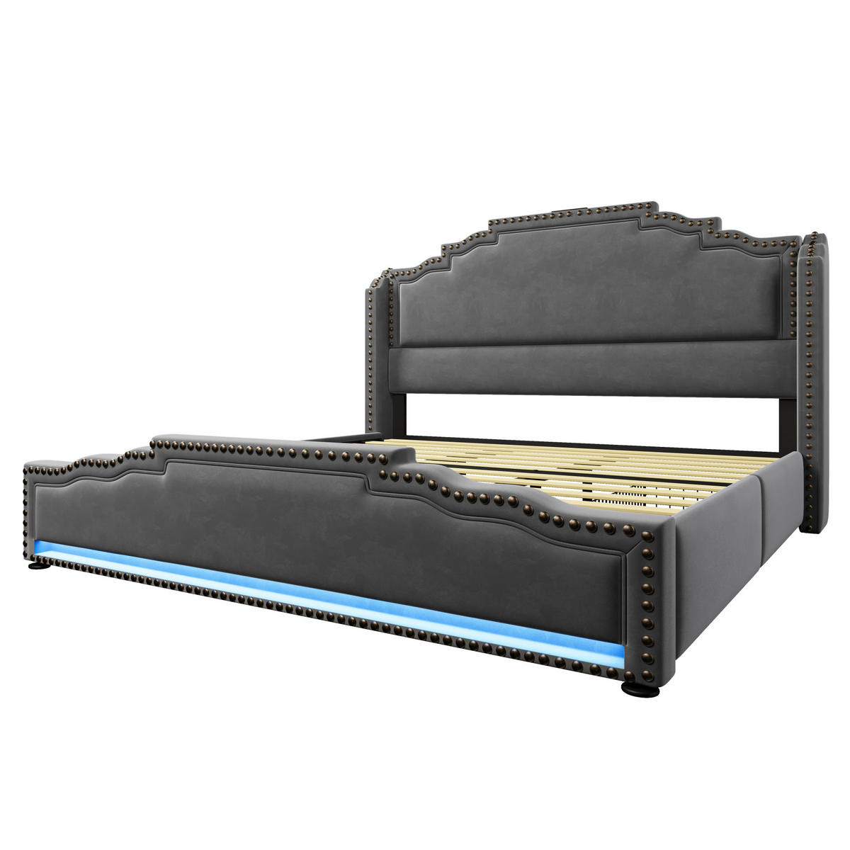 POLSTERBETT 180/200 cm mit 4 Schubladen, LED-Beleuchtung, USB-C und Lattenrost aus Samt, Grau - Grau, Textil (180/200cm) - Redom