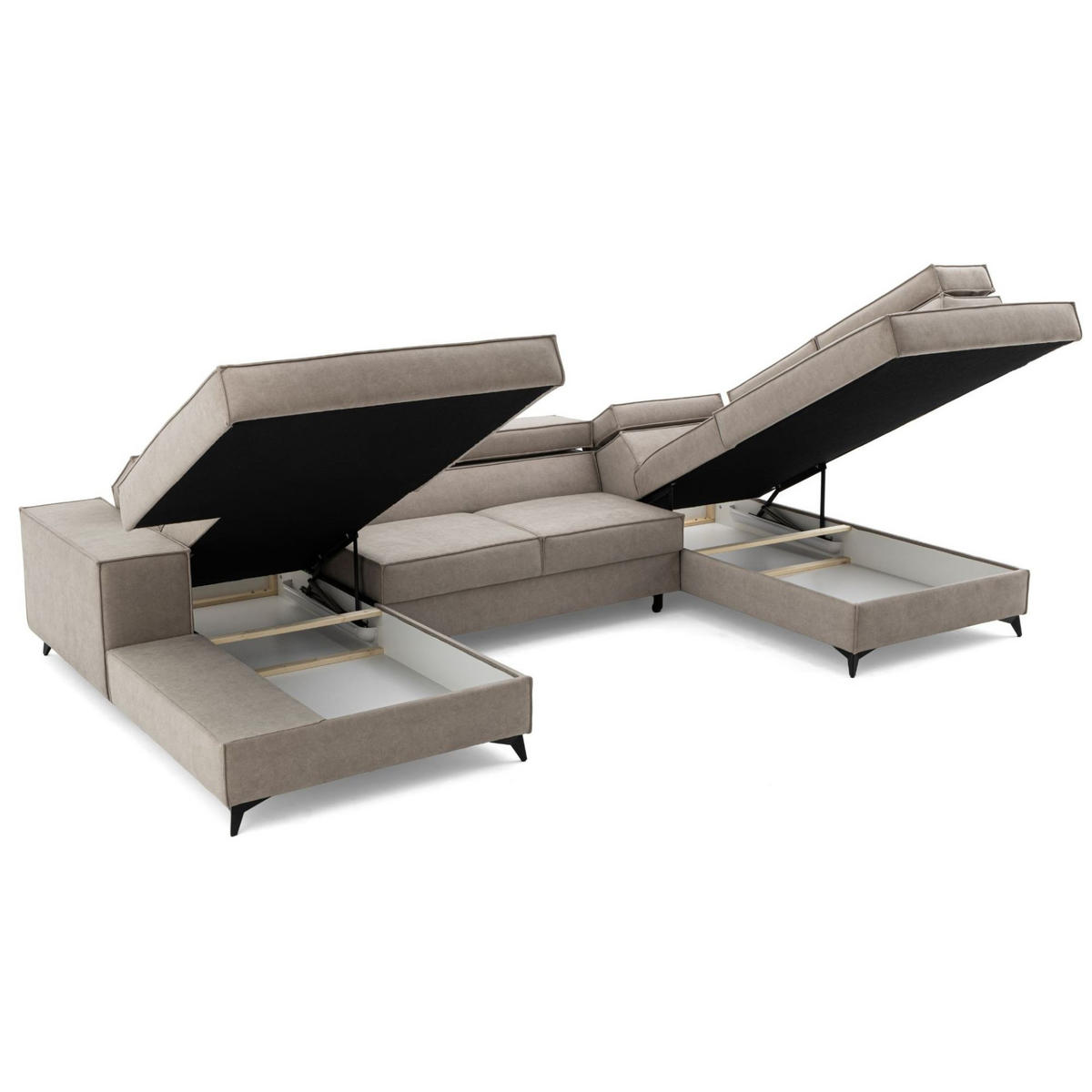 ECKSOFA PURE U Rechts mit Schlaffunktion 127x270 Velours Creme - Creme/Schwarz, Holz/Textil (204/340cm) - Muffo