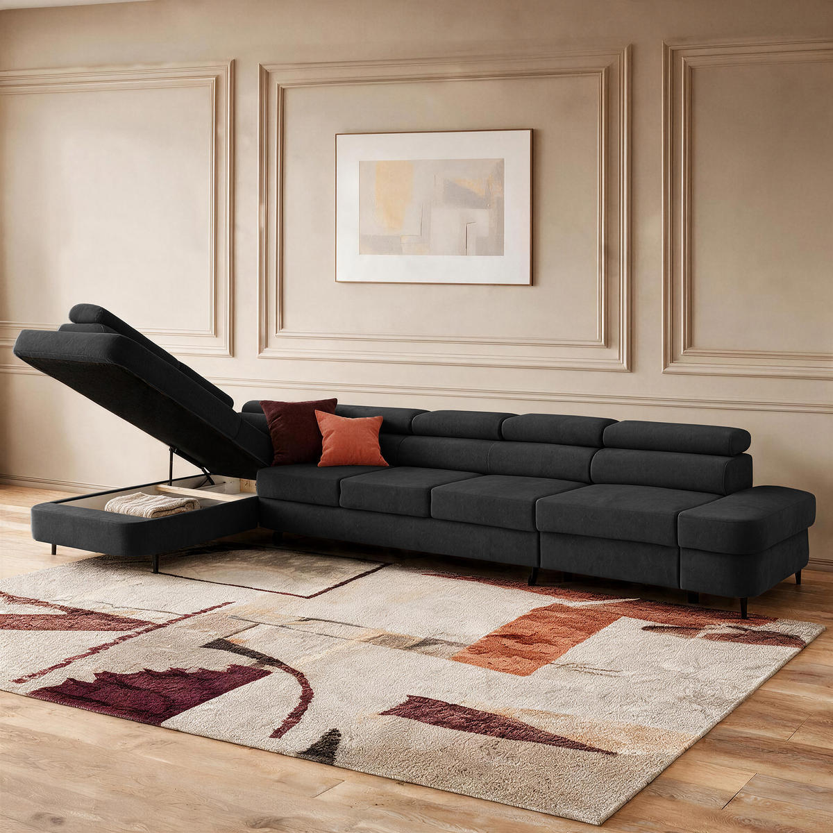 ECKSOFA PRIAM XXL L-Form Links mit Schlaffunktion 125x265 Velours Schwarz - Schwarz, Holz/Textil (203/420cm) - Muffo