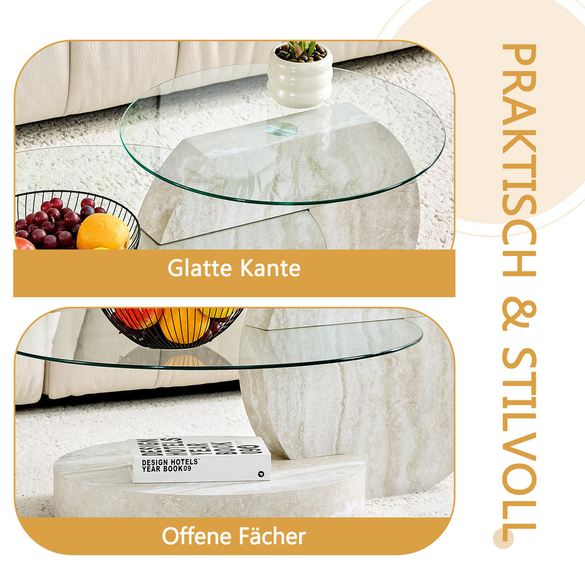 COUCHTISCH DE-158 Sicherheitsglas mit Walnussholz-Maserung - Weiß, Holzwerkstoff (70/90/44cm) - ComfortXL