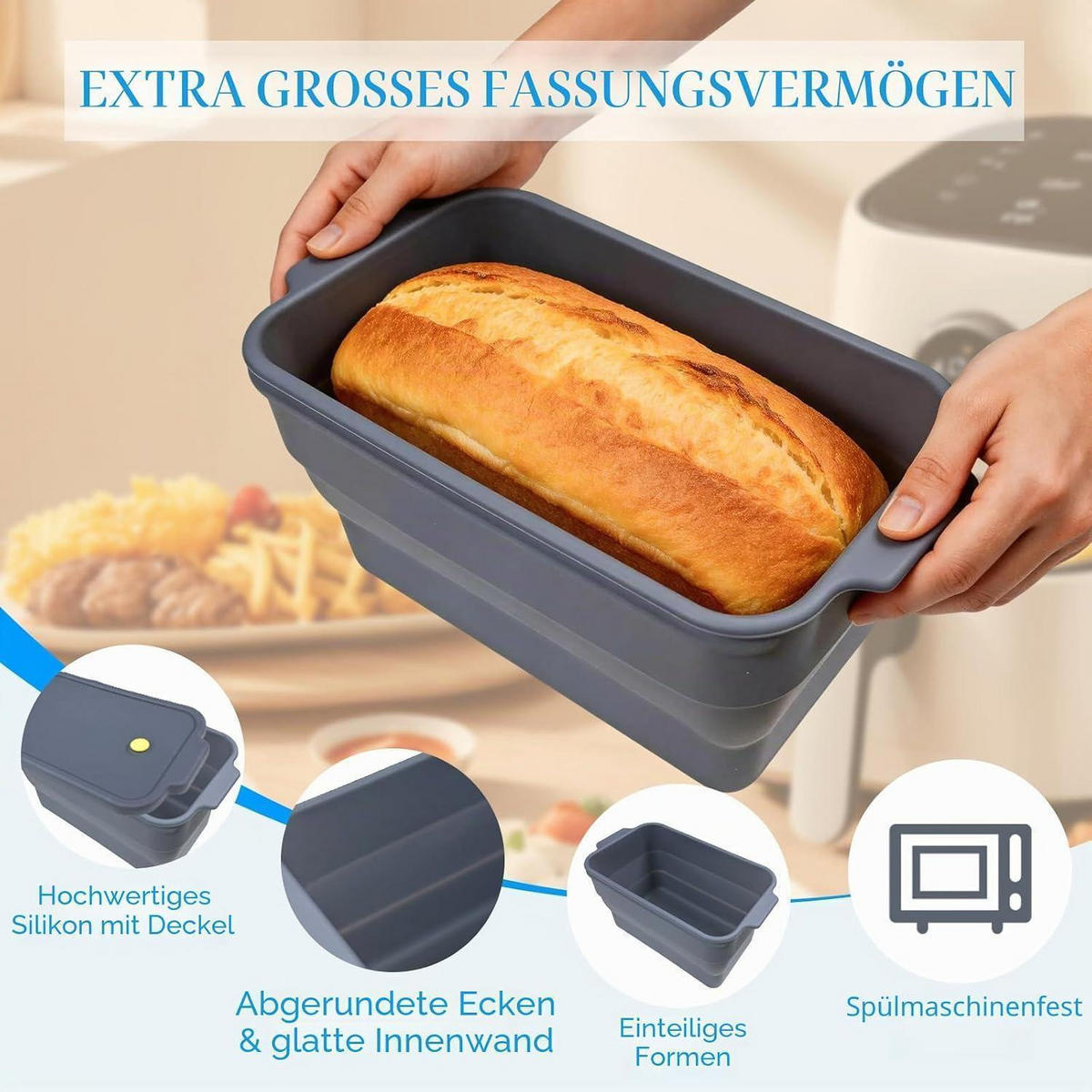 BROTBACKFORM Silikon faltbar mit Deckel Grau 22.5*12.5*12.5cm - Grau, Kunststoff (12.5/12.5/22.5cm)