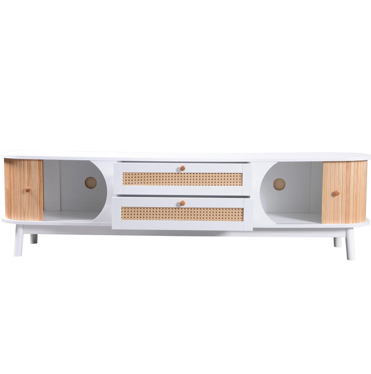 TV ormarić 170/39,5/46 cm bijeli od MDF-a s vratima i ladicama od ratana - bijela, drvni materijal (170/39.5/46cm) - OKWISH