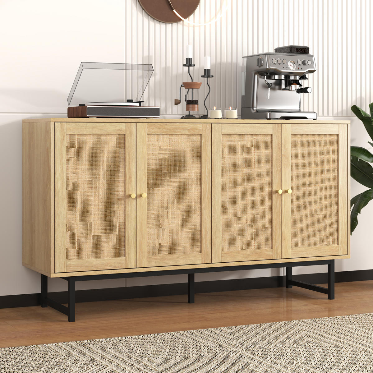 IN Naturfarben Kommode mit echtem Rattangeflecht und 4 Türen für Wohnzimmer und Esszimmer, B140/T39.5/H80cm - Schwarz/Naturfarben, Holzwerkstoff/Metall (140/80/39.5cm) - STILVORA