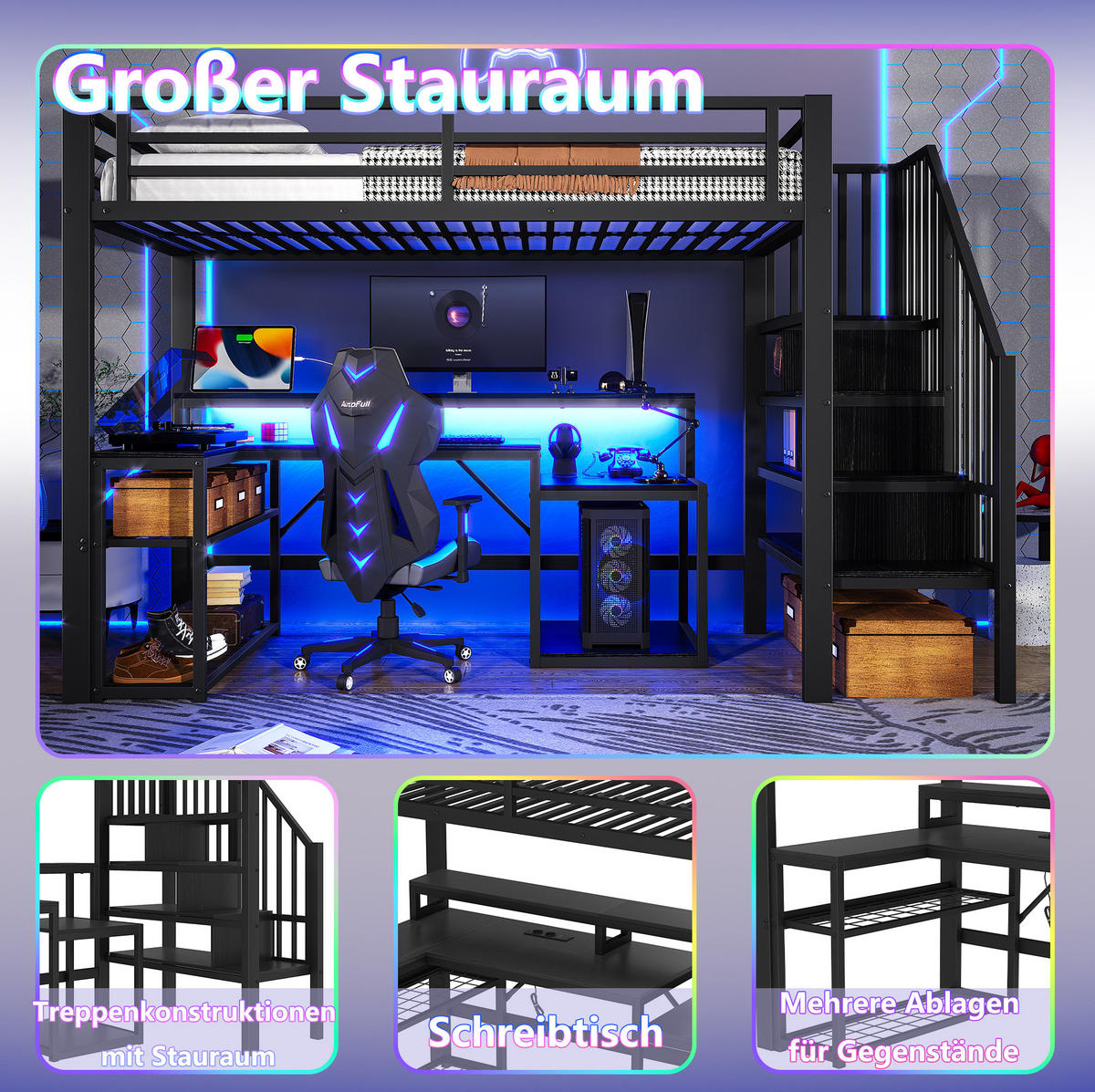 HOCHBETT 90/200 cm Schwarz aus Metall mit Schreibtisch und LED-Lichtleiste - Schwarz, Metall (90/200cm) - OKMYHOME