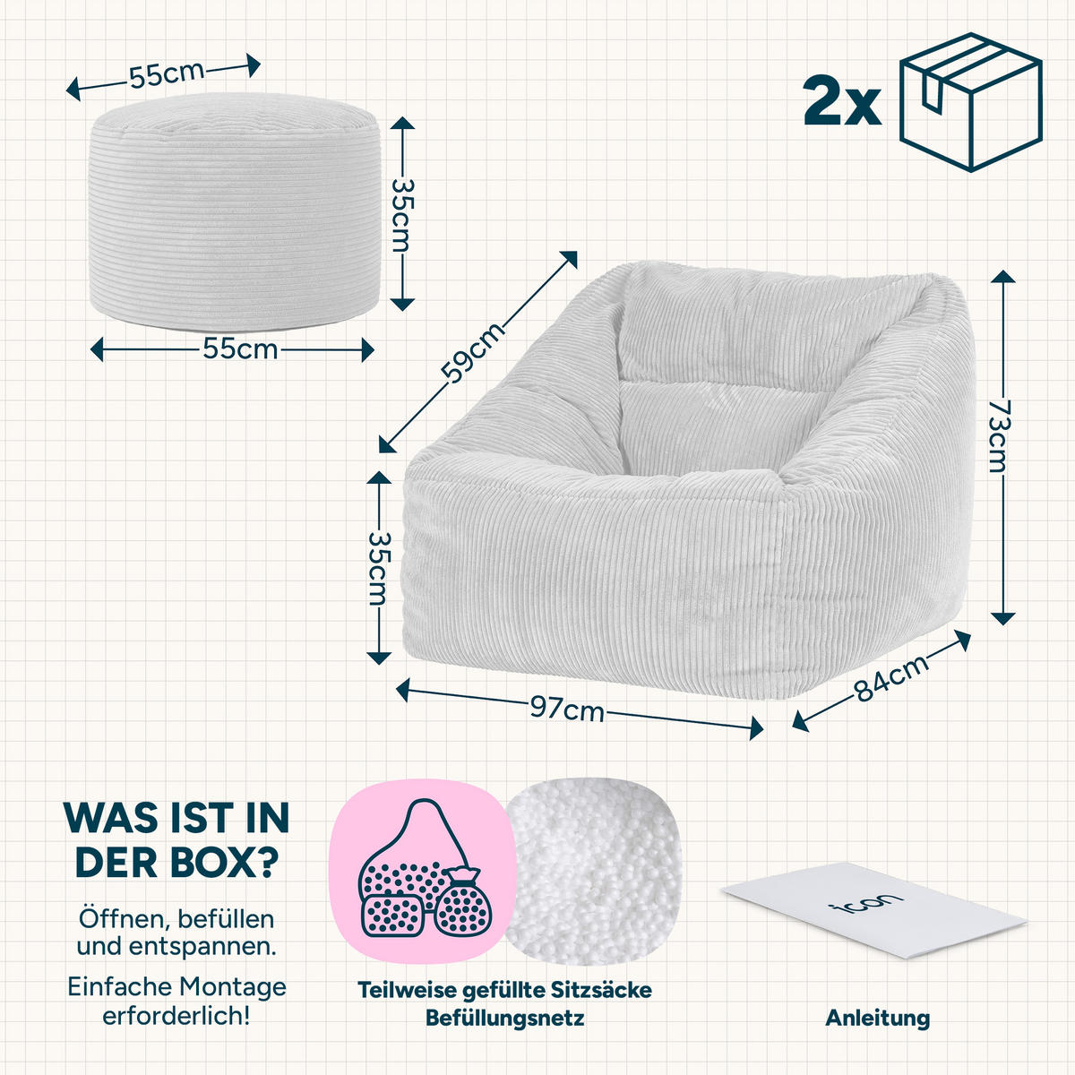 SITZSACK Sessel Natalia + Sitzpouf - Grün, Textil (100/80/88cm) - icon