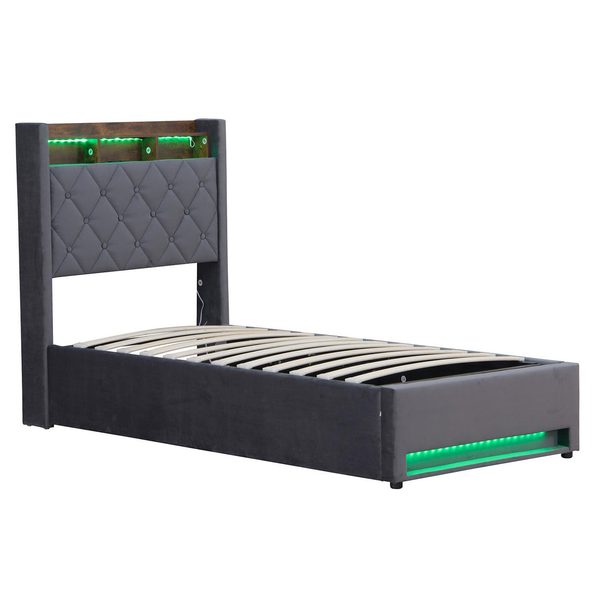 POLSTERBETT 90/200 cm in Dunkelgrau Samt mit Bettkasten, LED-Beleuchtung und USB-Anschluss - Dunkelgrau, Holzwerkstoff/Textil (90/200cm) - CHICFURN