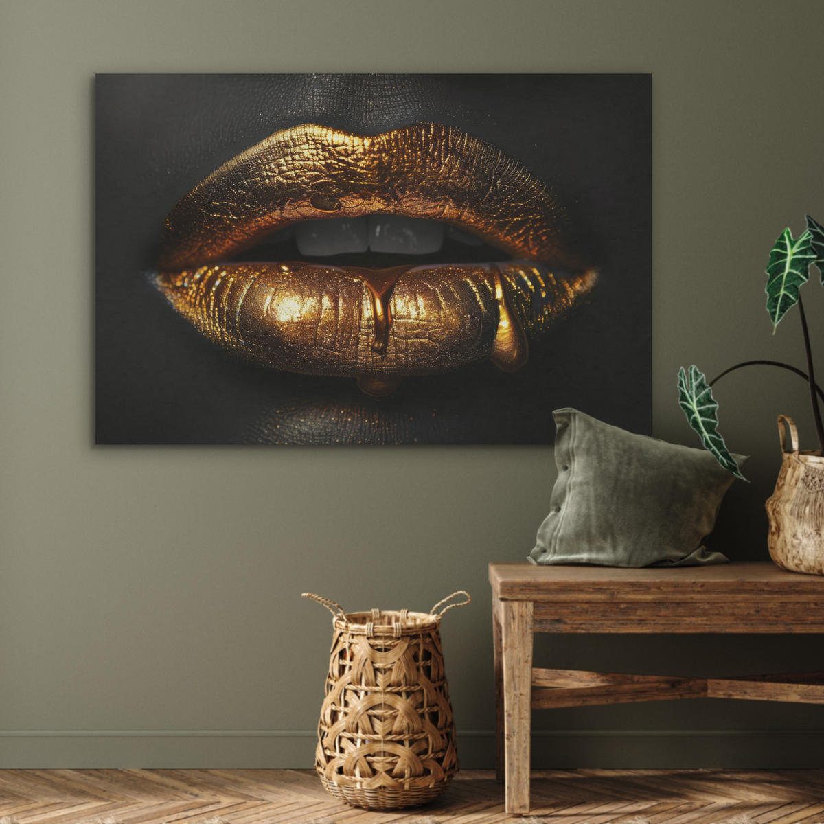 AKUSTIKPANEEL Frau - Porträt - Lippen - Gold - Schwarz 100x70 cm - Schwarz, Textil (100/0.9/70cm) - MuchoWow