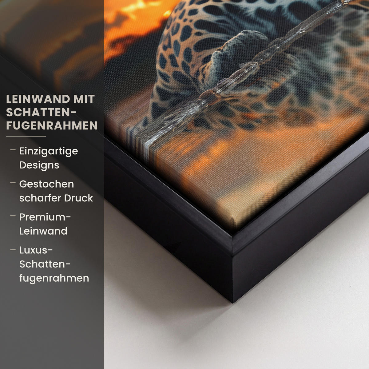 LEINWAND Bilder mit Rahmen - Natur - Leopard - Tier - Sonnenuntergang - Modern - 30x20 - Orange, Textil (30/20cm) - MuchoWow