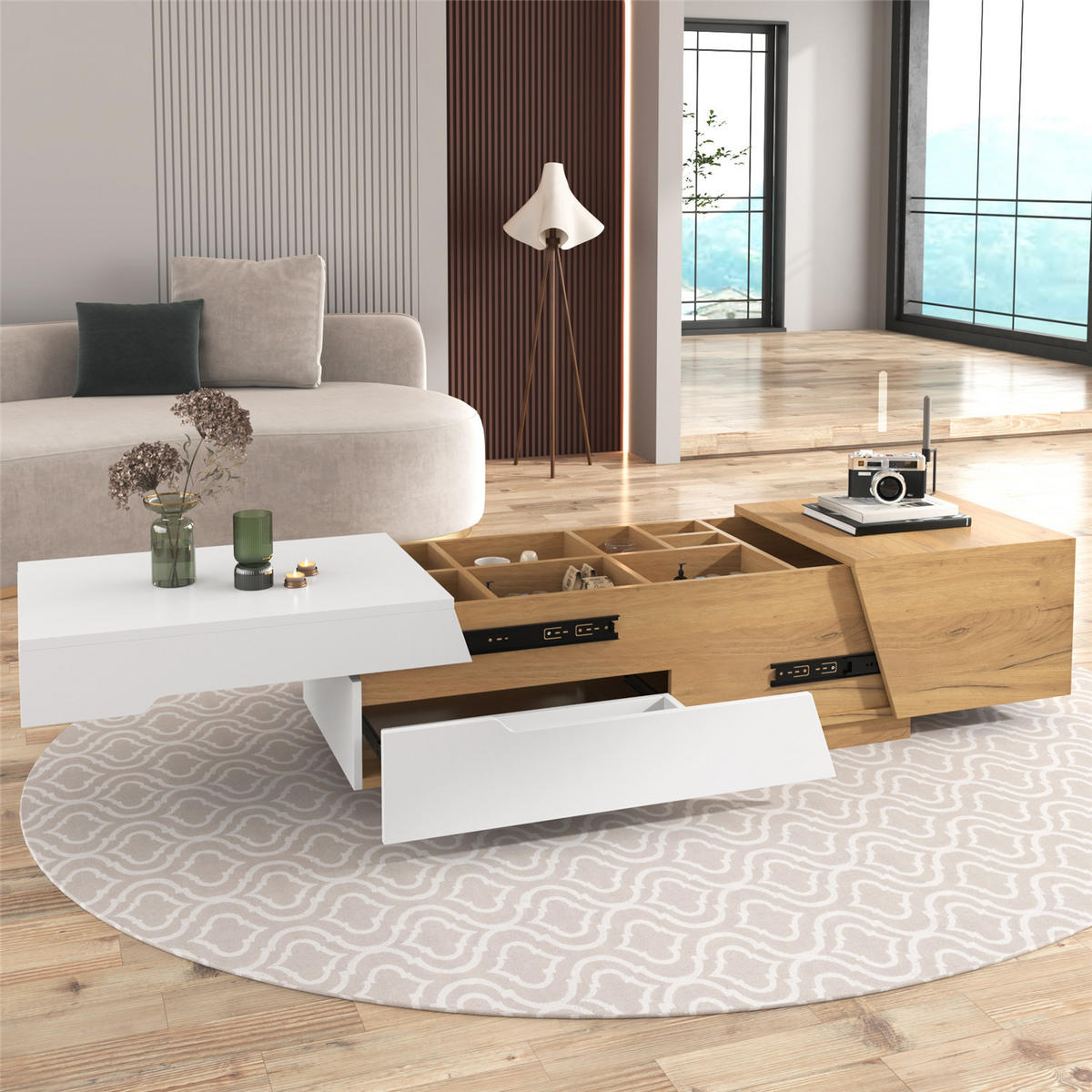 COUCHTISCH 120x50x37,5 Schubladen Farbblock Design - Weiß, Holz (120/50/37.5cm) - Kaket