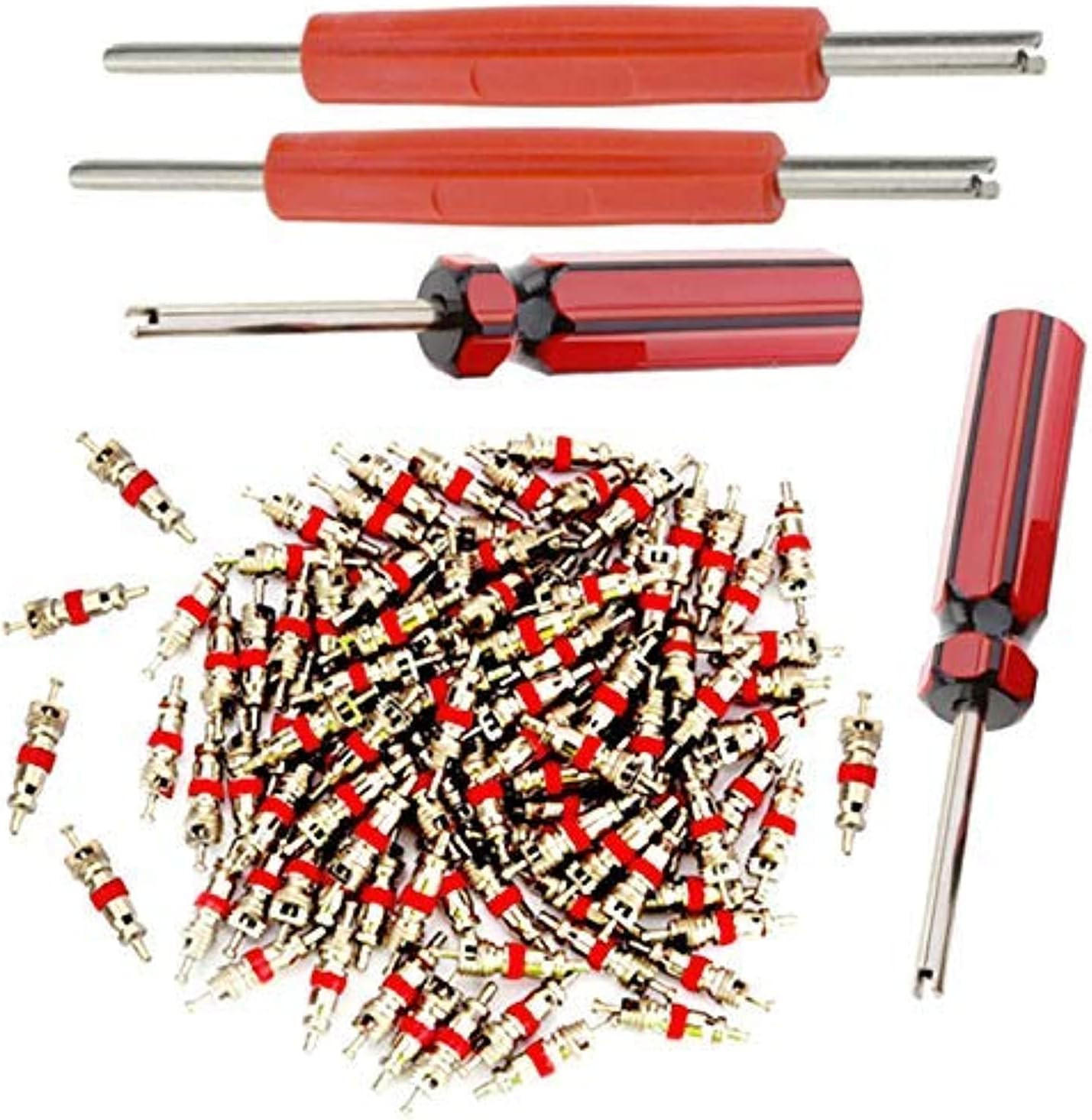 WERKZEUGSATZ – beinhaltet 4 Einzelventilauszieher für Doppelzylinderköpfe und 100 Ersatzventile für Pkw und Lkw. - Multicolor, Metall (8/12/1cm) - DCA