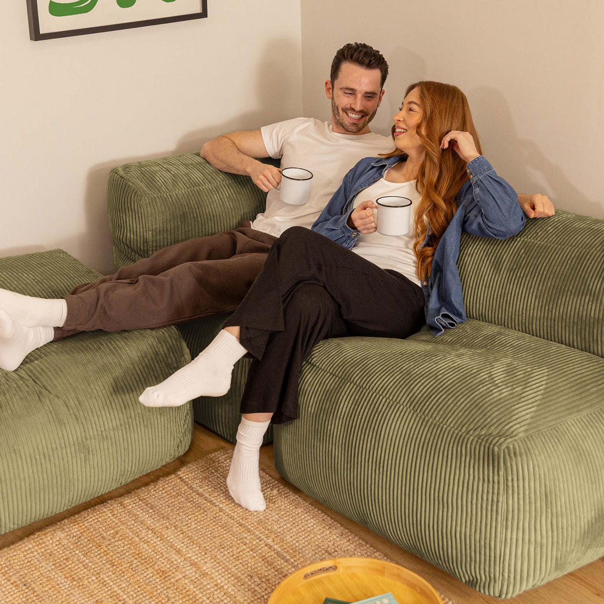 SITZSACK-SOFA 3-tlg. ZEN: Ecksessel, Sessel, Fußstütze - Grün, Textil (290/68/100cm) - icon