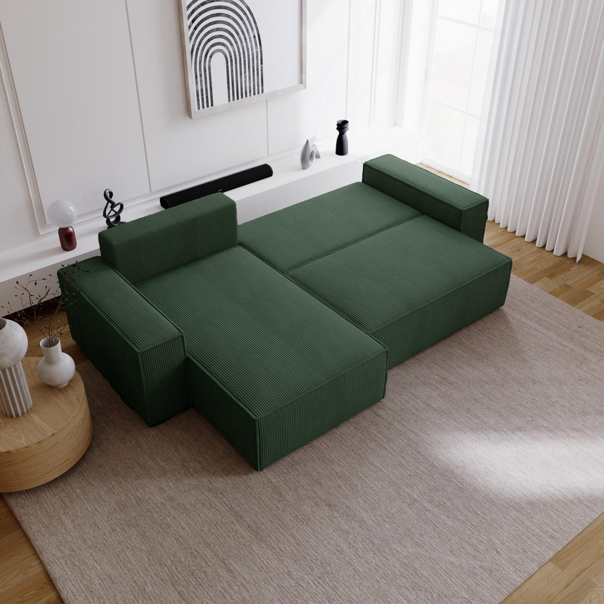 ECKSOFA Bergamo L mit Cordstoff, 280 cm, Schlaffunktion, Links - Grün - Grün, Holz (277/189cm) - Emporius