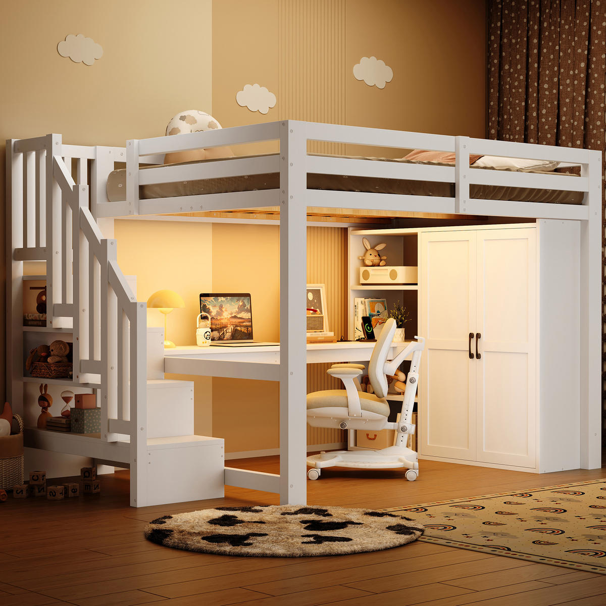 HOCHBETT 140/200 cm DE-03374, mit Schreibtisch, Kleiderschrank, Stauraumtreppe und LED, in Weiß - Weiß, Holz/Holzwerkstoff (140/200cm) - ComfortXL