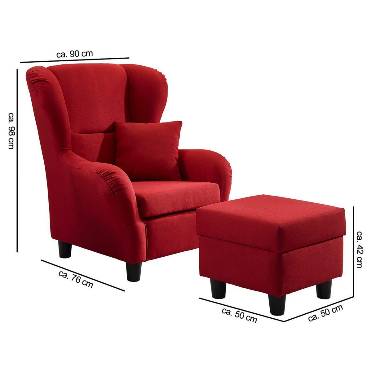 OHRENSESSEL mit HOCKER, hoher Sitzkomfort durch Wellenunterfederung B90/H98/T76 cm, Strukturstoff Rot / 18002 - Rot/Schwarz, Holz/Textil (90/98/76cm) - luma-home