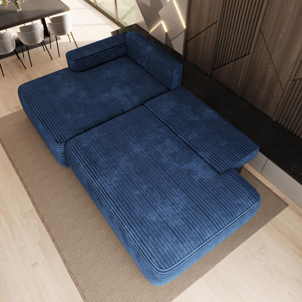 ECKSOFA AVINI T L-S Blau Kordstoff mit Schlaffunktion - Blau, Holzwerkstoff/Textil (277/160cm) - MASSENO