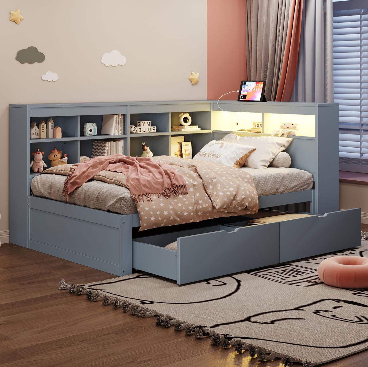 BETT 90/200 cm aus Massivholz mit Stauraum, LED und USB, Grau - Grau, Holzwerkstoff (90/200cm) - Flora Grace
