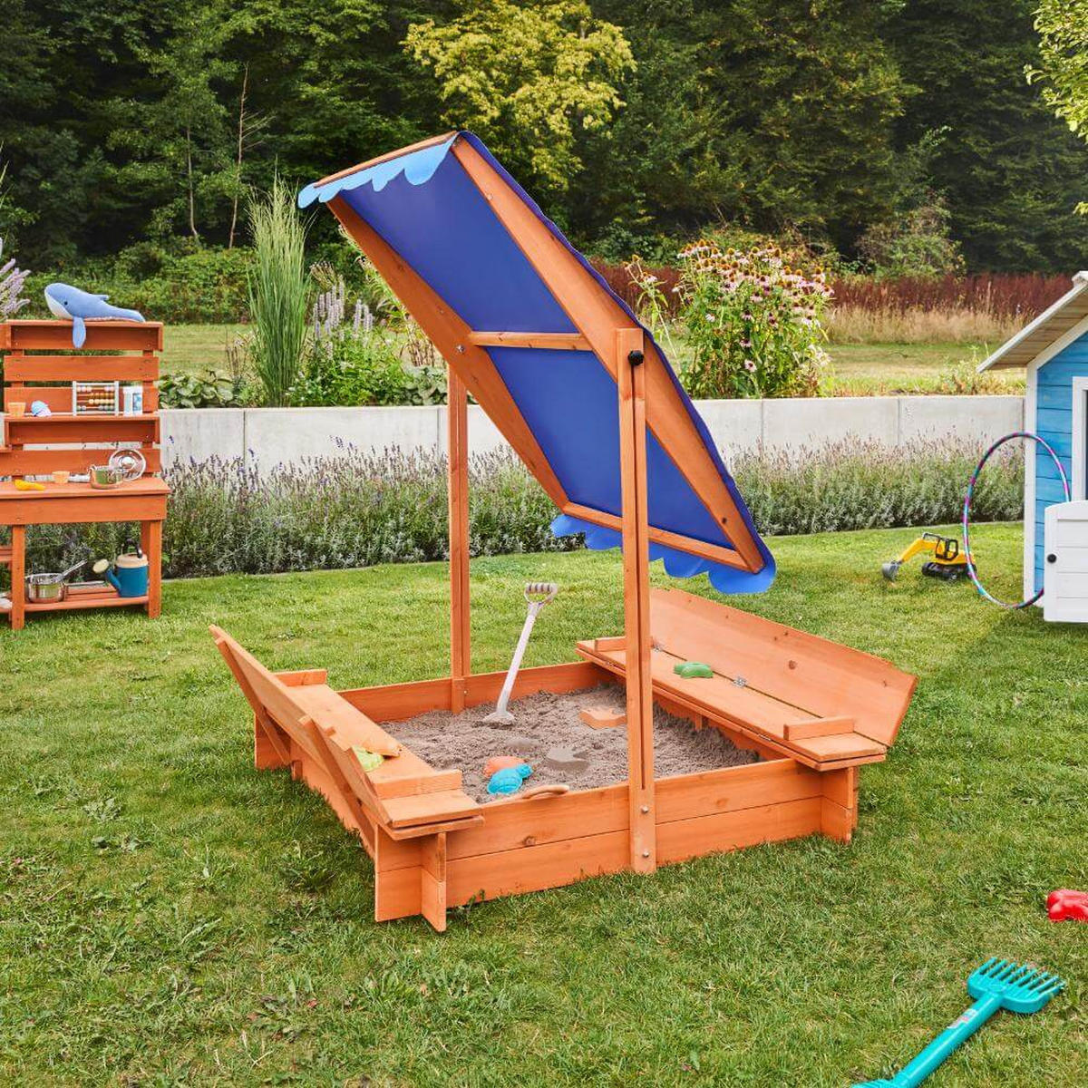 SANDKASTEN mit Sonnensegel BUDDELKISTE - 110 x 110 cm - Blau/Naturfarben, Holz (110/110/110cm) - Home Deluxe
