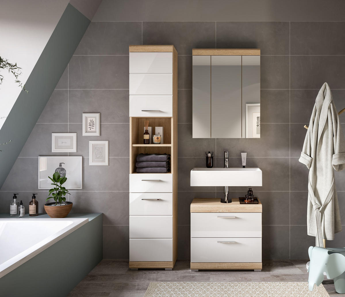 BADKOMBINATION 3tlg. Lambada Bad in Sonoma Eiche hell und weiß hochglanz B/H/T: 112x191x34 cm - Sonoma Eiche, Holz (112/191/37cm)