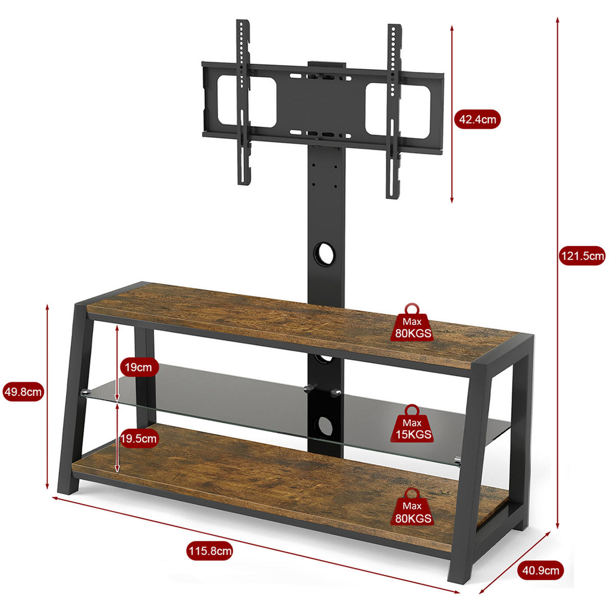 TV ormarić 116/42/125 cm smeđi od MDF-a i metala s podesivim TV nosačem i 3 police - smeđa, drvni materijal (116/125/42cm) - OKWISH