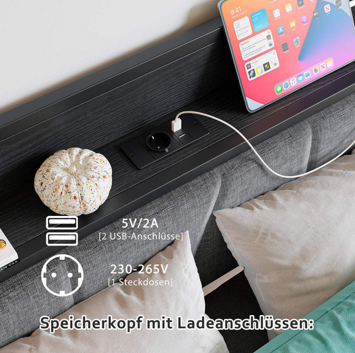 POLSTERBETT 140/200 cm mit LED-Beleuchtung, USB-Anschlüssen, Steckdose und Stauraum-Kopfteil, Schwarz - Schwarz, Holzwerkstoff (140/200cm) - Redom