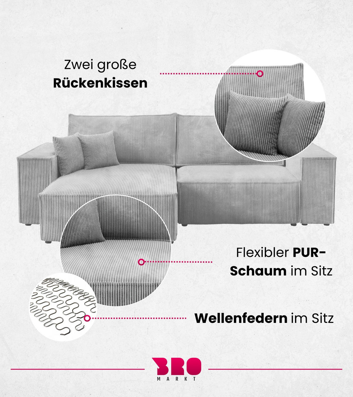 ECKSOFA Pedro mit Schlaffunktion Hellgrau Cord - Hellgrau, Textil (255/153cm) - Bromarkt