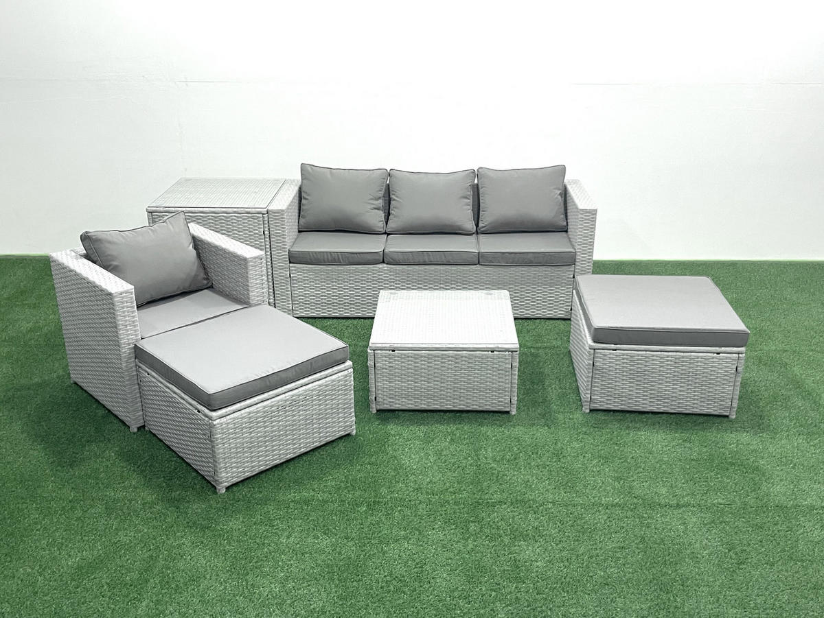 GARTENMÖBELSET mit 3-SITZER SOFA,COUCHTISCH Polyrattan Hellgrau-Mix 6-Sitzer - Hellgrau/Grau, Glas/Kunststoff - Fimous