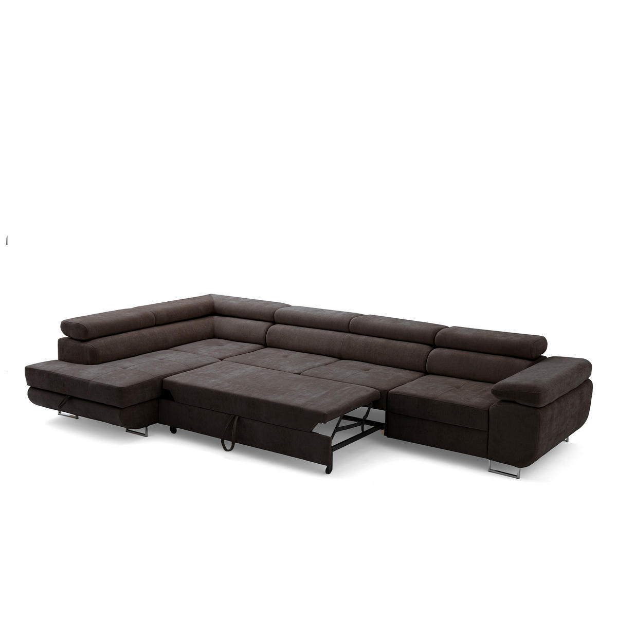 ECKSOFA WILD MAXI L Links mit Schlaffunktion 125x195 Chenille Dunkelbraun - Chromfarben/Dunkelbraun, Holz/Textil (350/203cm) - Muffo